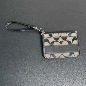 Coach Signature Stripe Monogram Black Leather Wristlet Card Wallet